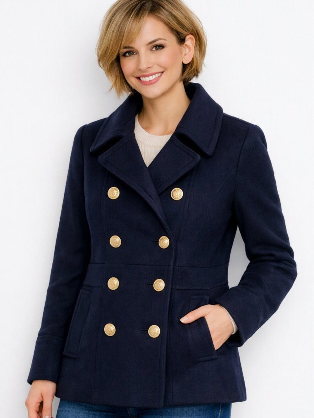 J.Crew Navy Wool Peacoat | Gold Button Double‑Breasted Jacket | Preppy Classic